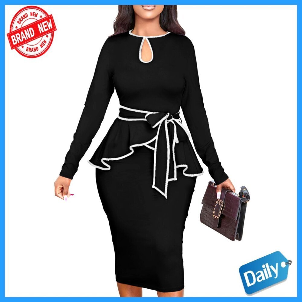 Vintage Bodycon Peplum Dress Elegant Work Office Business Formal Long Sleeve